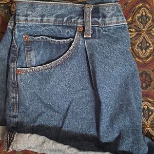 Pleated High-Waisted Denim Shorts
